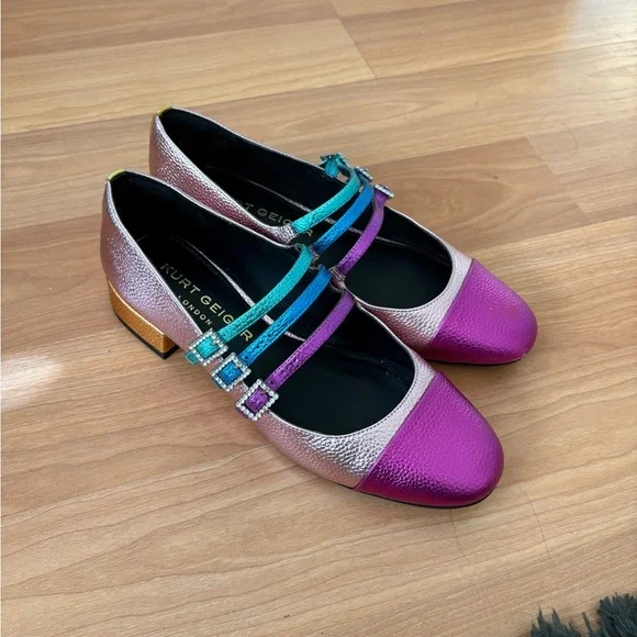 Kurt Geiger Women's Pink and Teal Mary Jane Flats - Picture 1 of 5